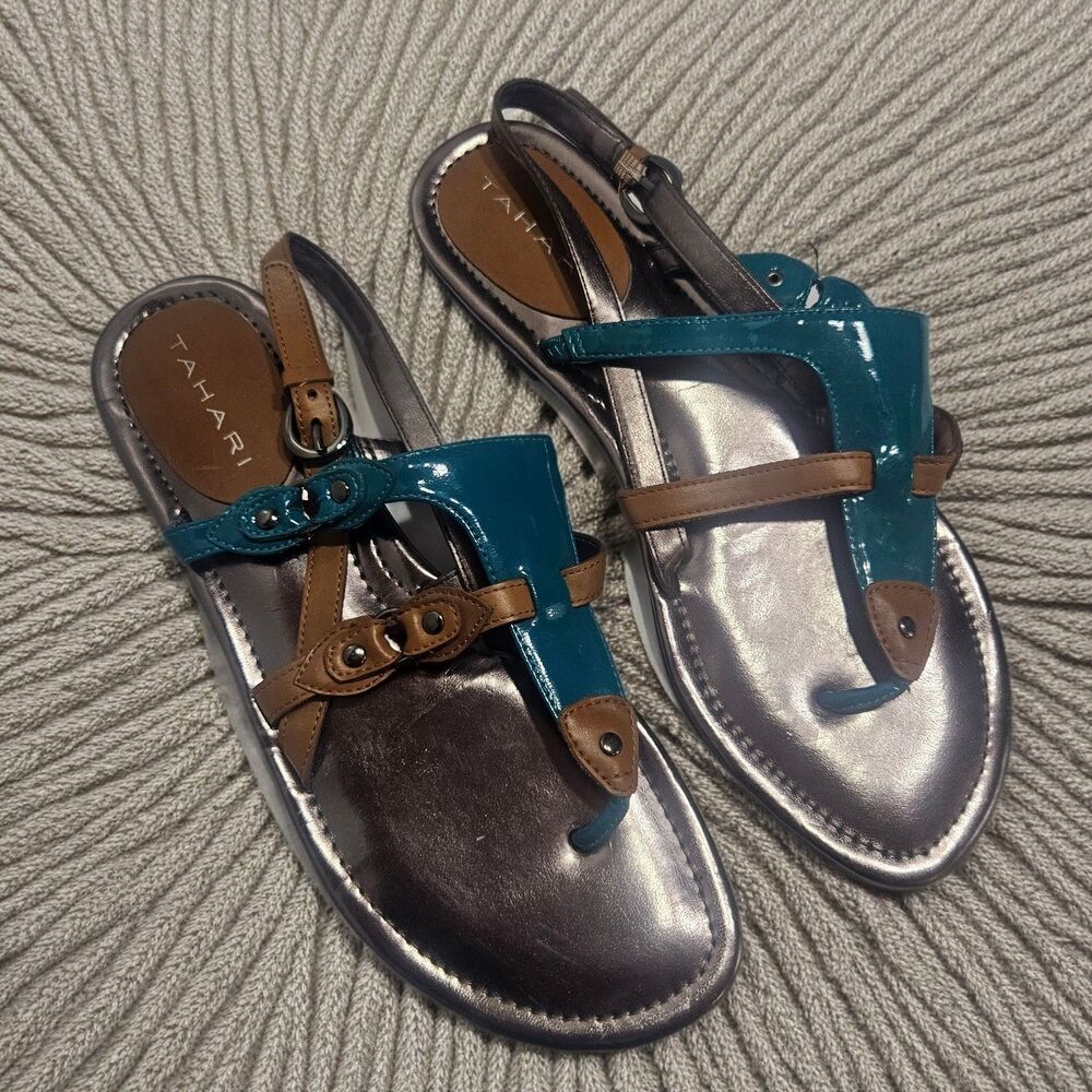 Tahari Turquoise Leather Sandals Strapy bronze Metalic 7.5 Womens Shoes